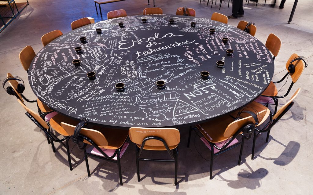 Foto de uma larga mesa redonda preta com 17 cadeiras escolares dispostas ao seu redor. Sobre a mesa lemos escritas “Escola de testemunhos” e várias outras palavras tais como “Acessibilidade”, “Nós”, “A gente passa”, “Encontros” e muitas outras com o que parece ser giz de lousa.