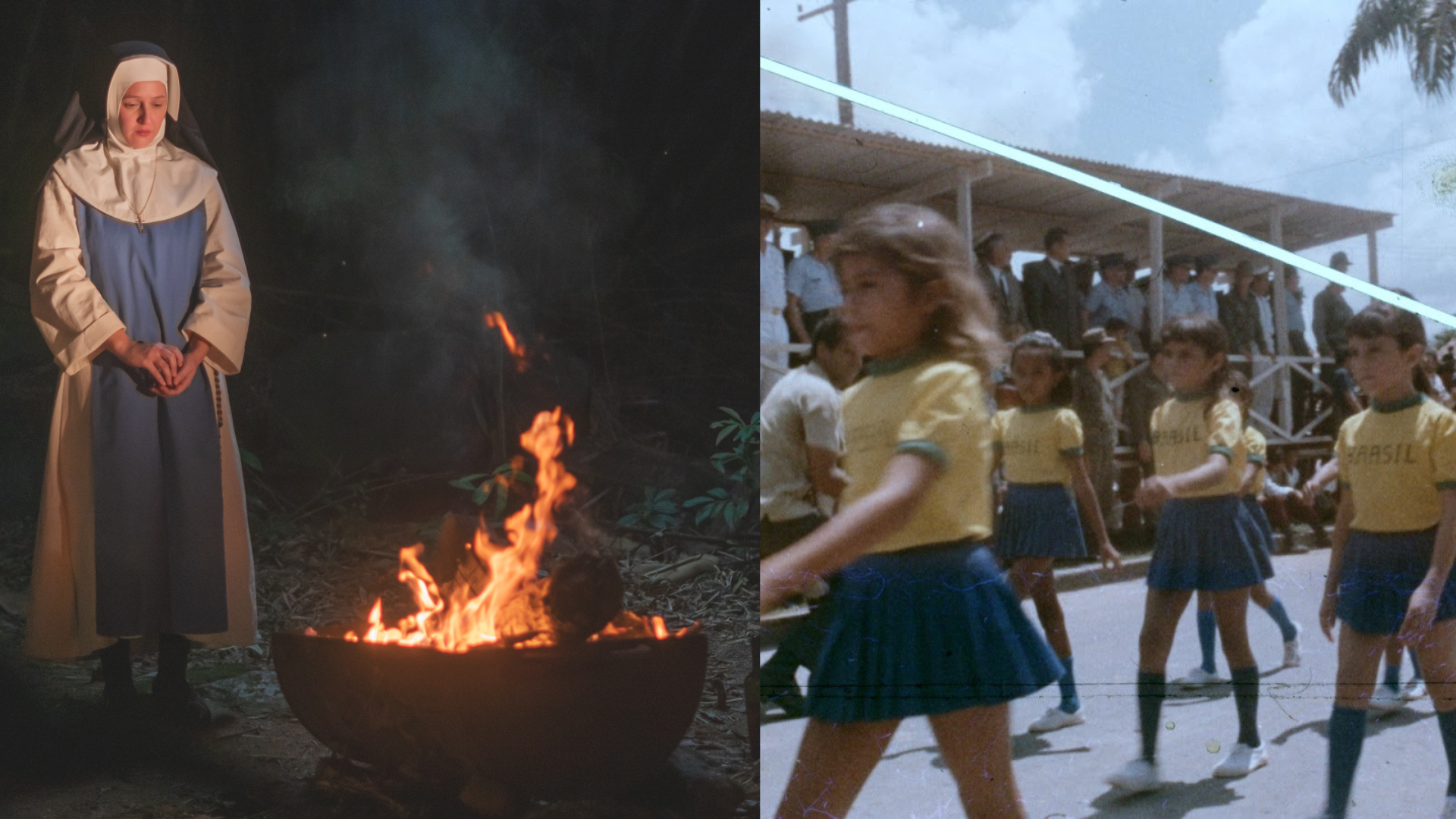 Montagem com duas cenas: à esquerda, uma pessoa vestida com hábito religioso em frente a uma fogueira; à direita, um grupo de crianças em uniforme escolar desfilando ao ar livre diante de uma arquibancada